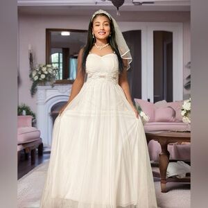 Elegant White Bridal Gown with Veil and Tiara